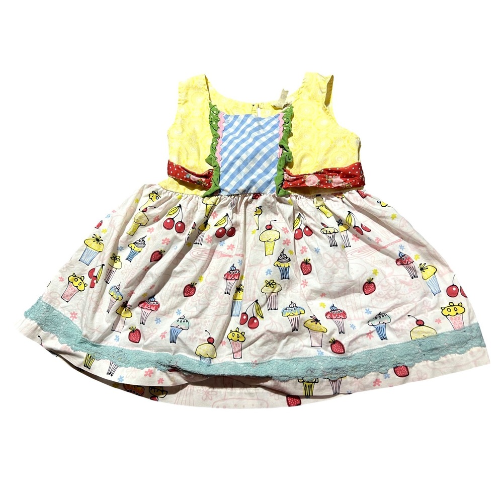 Matilda Jane Girls Cupcake Print Mixed Media Dress Yellow Red Blue Size‎ 6 Party